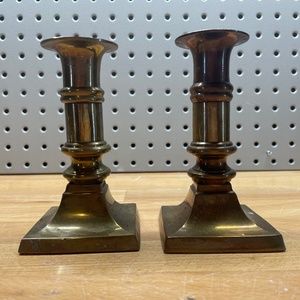 Two Short Tarnished Gold Candlestick Holders